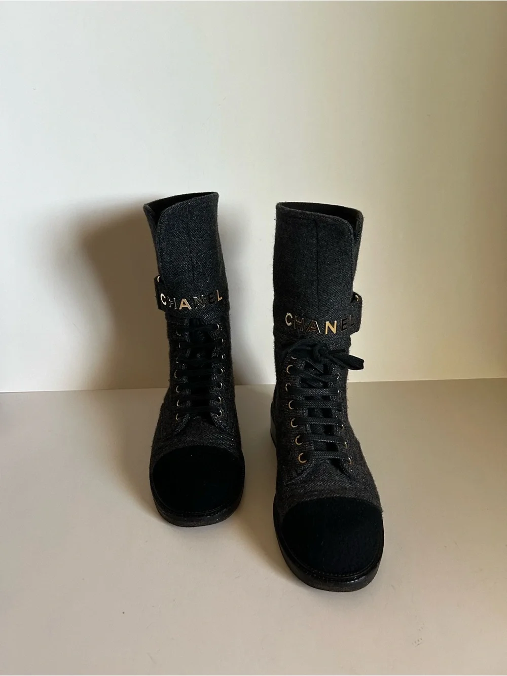 CHANEL Black Tweed Open-Toe Lace-Up Ankle Boots with Gold Logo Strap